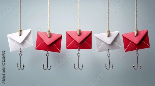 Phishing email envelopes with hooks symbolizing cybercrime fraud online scams digital deception and social engineering security threats, Generative AI