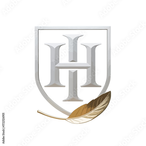 Heraldic shield emblem with intertwined H letters and a golden feather crest logo