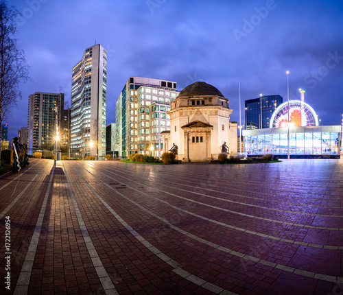 Night View of Centenary Square Birmingham with Monuments, Modern Buildings, and Bright Ferris Wheel
