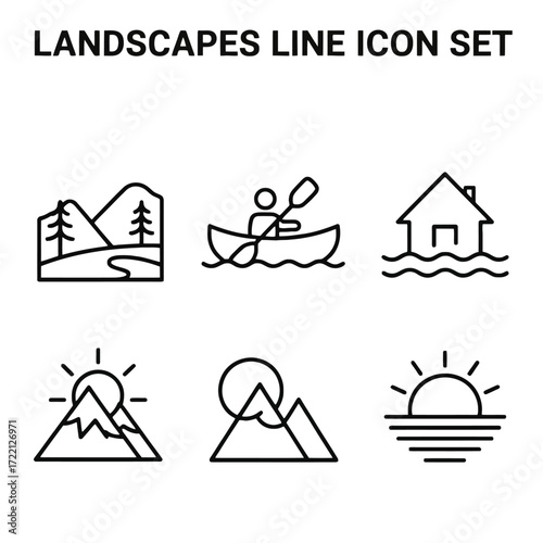 Minimalist black line art icons of landscapes and outdoor activities on white background landscape icon