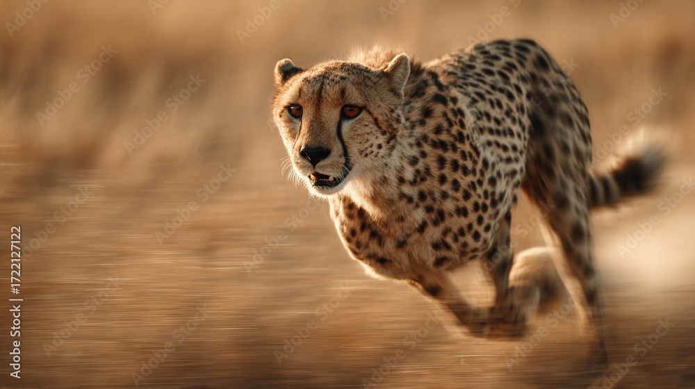 Obraz premium A sharp image of a cheetah sprinting on a field of dry grass