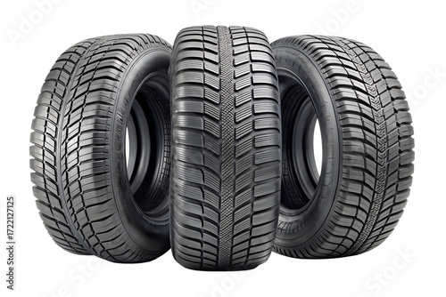 Set of three winter tires isolated on transparent background, providing superior grip and safety for driving in snowy and icy conditions