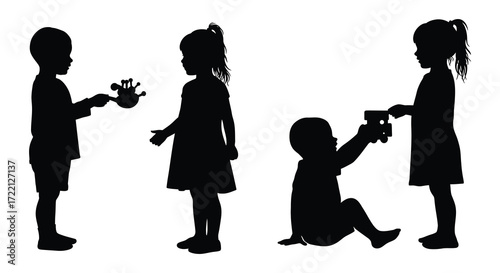Silhouettes of children playing with toys in a simple black design