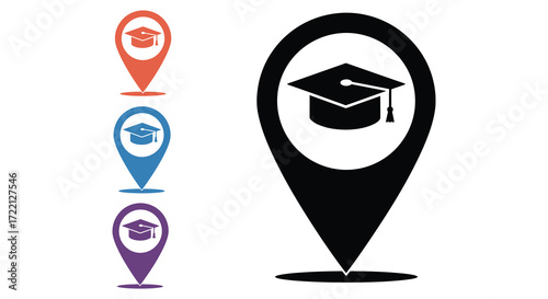 Graduation cap icons with location pin symbols in different colors displayed
