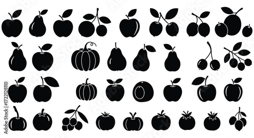 A collection of black silhouette fruits and vegetables arranged closely together
