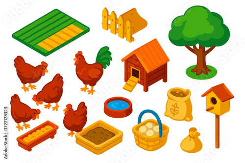 Free Range Farming Icons. Isometric vector illustration set Free Range Farming: open field, chicken coop, flock of hens, rooster,
