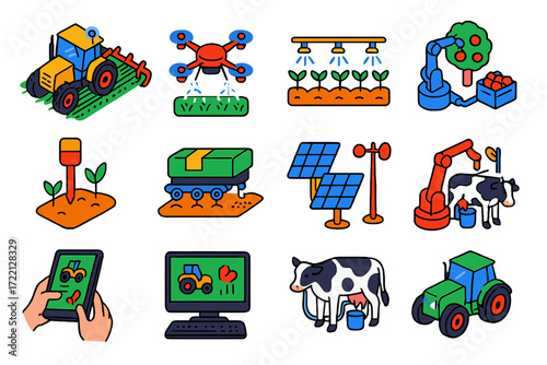 Modern Farming Technology Icons. Isometric vector illustration set Modern Farming Technology: GPS tractor, drone sprayer, smart