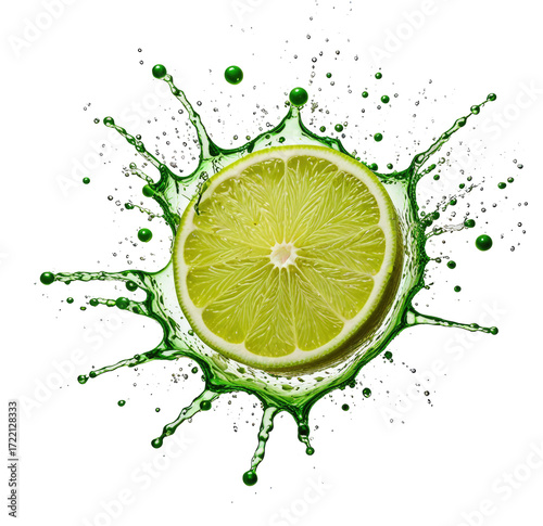 Lime slice splash; vibrant green; black background; drink ad