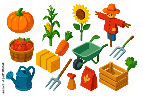 Harvest Garden Icons. Isometric vector illustration set Harvest Garden: pumpkin, corn stalk, sunflower, scarecrow, apple basket,