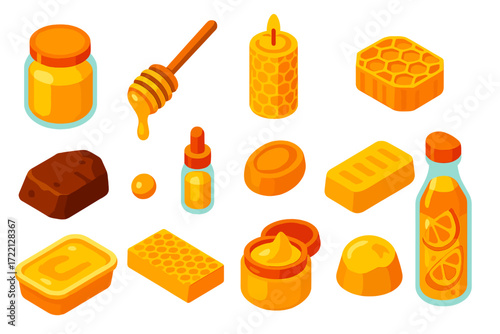 Vibrant Honey Products. Isometric vector illustration set Honey Products: honey jar, honey dipper, beeswax candle, honeycomb slice