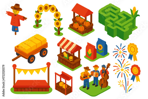 Festive Farm Icons. Isometric vector illustration set Farm Festival: scarecrow, sunflower arch, pumpkin stand, corn maze, hayride