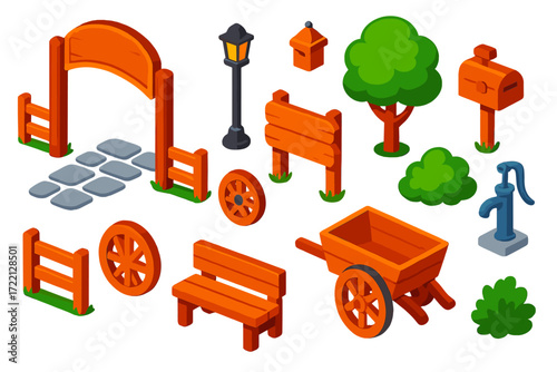 Farm Entrance Icons. Isometric vector illustration set Farm Entrance: arch gate, wooden fence, stone path, name board, lantern