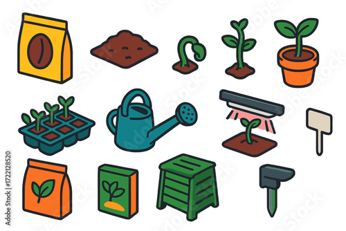 Seedling Growth Icons. Isometric vector illustration set Seedling Growth: seed packet, soil bed, sprouting seed, small seedling,