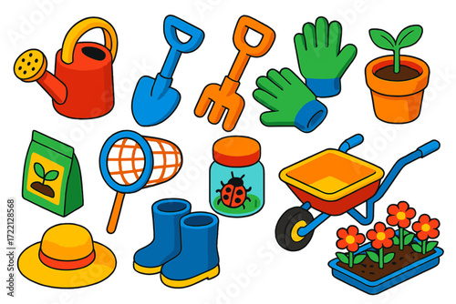 Kids Gardening Tools. Isometric vector illustration set Kids Gardening: small watering can, toy shovel, toy rake, mini gloves,
