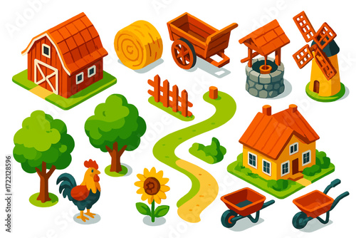 Rustic Countryside Icons. Isometric vector illustration set Rustic Countryside: barn, hay bale, wooden cart, water well, fence,