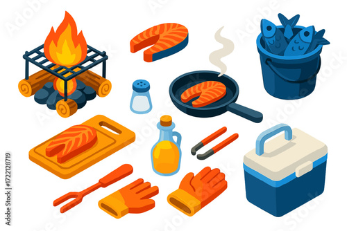Fishing Campfire Essentials. Isometric vector illustration set Fishing Campfire: campfire grill, fish fillet, frying pan, bucket