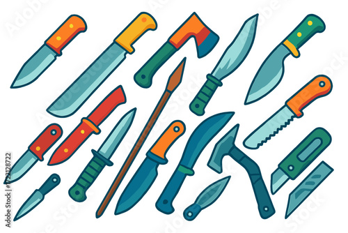 Outdoor Survival Blade Icons. Isometric vector illustration set Outdoor Survival Blades: fixed blade knife, machete, hatchet,