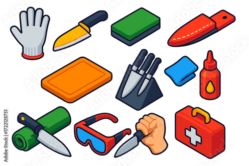 Knife Safety Essentials. Isometric vector illustration set Knife Safety and Handling: cut-resistant gloves, blade guard,