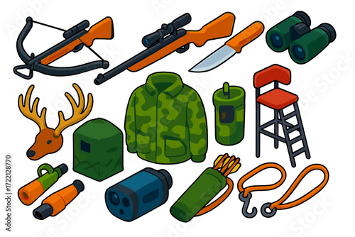 Hunting Gear Icons. Isometric vector illustration set Hunting Equipment: crossbow, rifle, hunting knife, binoculars, camouflage