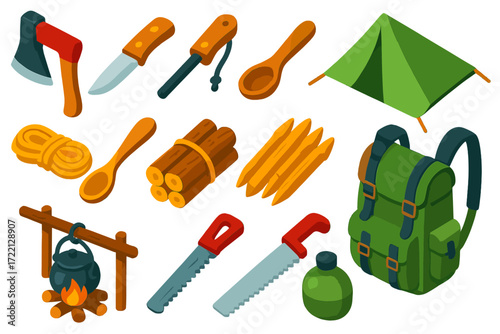 Bushcraft Survival Icons. Isometric vector illustration set Bushcraft Survival Gear: camp axe, knife, ferro rod, tarp shelter,