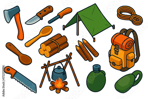 Bushcraft Survival Icons. Isometric vector illustration set Bushcraft Survival Gear: camp axe, knife, ferro rod, tarp shelter,