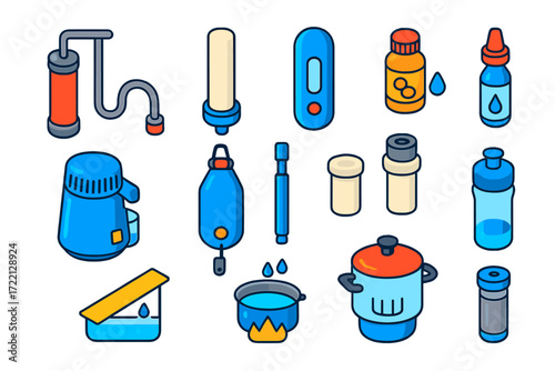 Water Purification Tools. Isometric vector illustration set Water Purification Tools: portable filter pump, ceramic filter, UV