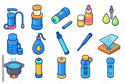 Water Purification Tools. Isometric vector illustration set Water Purification Tools: portable filter pump, ceramic filter, UV