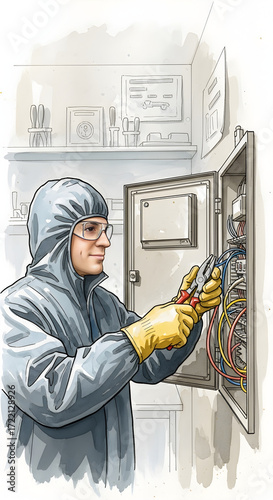 Electrician working on circuit panel with tools and safety gear  