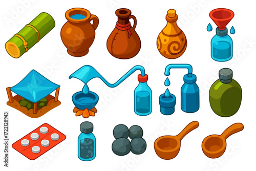 Survival Hydration Tools. Isometric vector illustration set Survival Bushcraft Hydration: bamboo container, clay pot, leather
