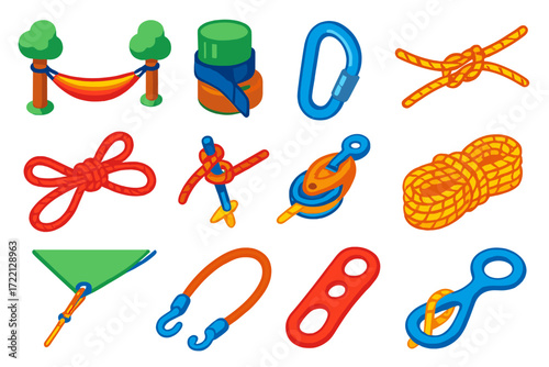 Camping Gear Icons. Isometric vector illustration set Camping and Hammock Setup: hammock rope, suspension strap, tree protector,