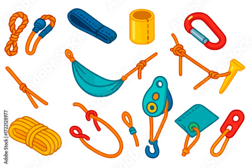 Camping Gear Icons. Isometric vector illustration set Camping and Hammock Setup: hammock rope, suspension strap, tree protector,
