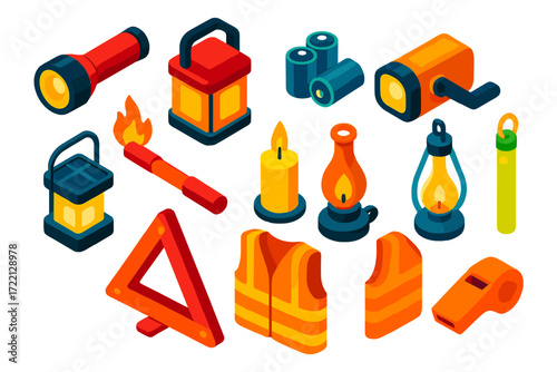 Emergency Lighting Icons. Isometric vector illustration set Emergency Lighting: flashlight, lantern, spare batteries,
