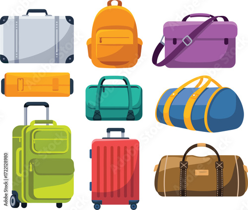 Travel luggage set, colorful suitcase collection, backpack, duffle bag, handbag, rolling trolley, flat design vector illustration, vacation essentials, tourism equipment, journey accessories