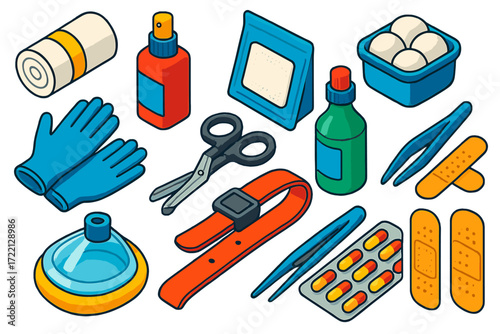 Emergency Medical Supplies. Isometric vector illustration set Emergency Medical Supplies: sterile bandage, antiseptic spray, wound