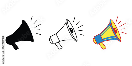 Set of three megaphone icons showing announcement and communication styles vector