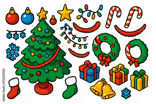 Christmas Celebration Kit. Isometric vector illustration set Christmas Celebration Kit: Christmas tree, ornaments, string lights,