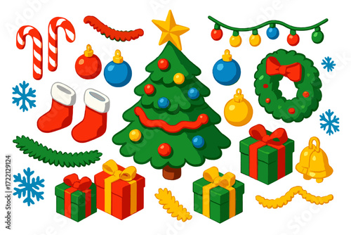 Festive Holiday Icons. Isometric vector illustration set Festive Holiday Set: decorated tree, ornaments, string lights, candy