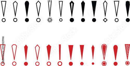 Exclamation mark icons set, black and red variations, attention warning symbols, alert signs, punctuation elements, danger caution illustration, vector graphic collection, communication design
