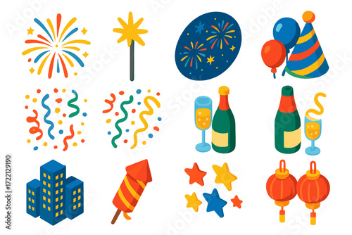 Festive Fireworks Icons. Isometric vector illustration set Festive Fireworks Icons: fireworks burst, sparkler, night sky, party