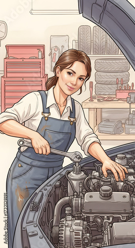 Female mechanic repairing car engine in auto workshop  