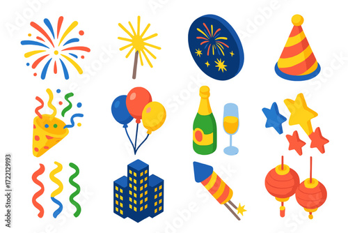 Festive Fireworks Icons. Isometric vector illustration set Festive Fireworks Icons: fireworks burst, sparkler, night sky, party