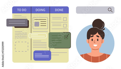 Task board with to-do, doing, and done columns next to a smiling woman s profile and search bar. Ideal for workflow, project management, productivity, teamwork, organization, planning and simple