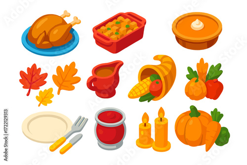 Harvest Festive Icons. Isometric vector illustration set Harvest Celebration Icons: turkey, gravy, stuffing, pumpkin pie, autumn