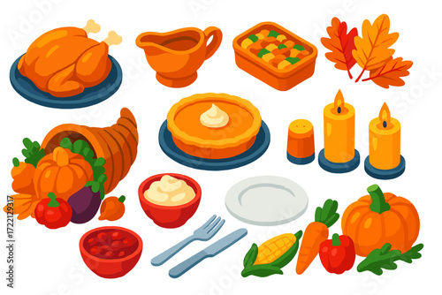 Harvest Dinner Icons. Isometric vector illustration set Harvest Dinner Icons: turkey, gravy, stuffing, pumpkin pie, autumn leaves,