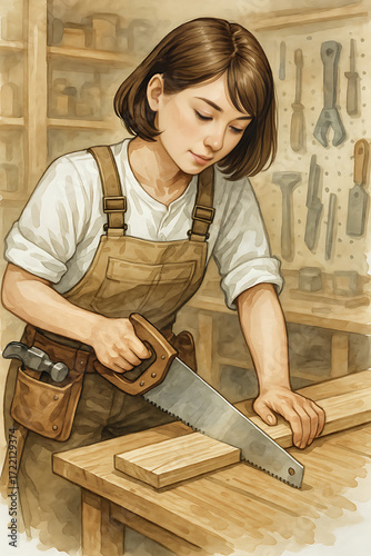 Young woman using handsaw to cut wood in workshop with tools  