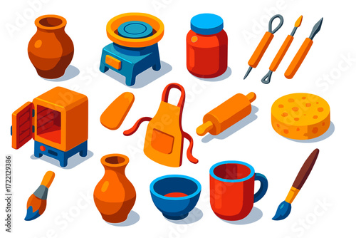Pottery Studio Icons. Isometric vector illustration set Pottery Studio Icons: clay pot, pottery wheel, glaze jar, sculpting tools,