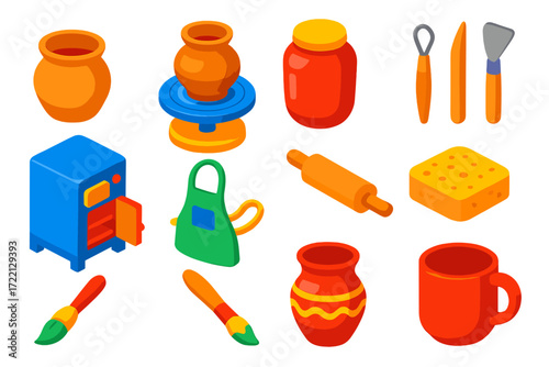 Ceramic Workshop Icons. Isometric vector illustration set Ceramic Workshop Icons: clay pot, pottery wheel, glaze jar, sculpting