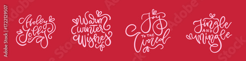 Christmas coquette pink lettering - Holly Jolly, Joy of the World, Warm winter wishes, Jingle and mingle. Xmas quotes for greeting card design in hand drawn style. Christmas gift vector illustration
