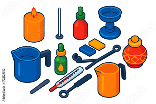 Candle Making Essentials. Isometric vector illustration set Candle Making Tools: candle, wax, wick, scent, candle holder, melting