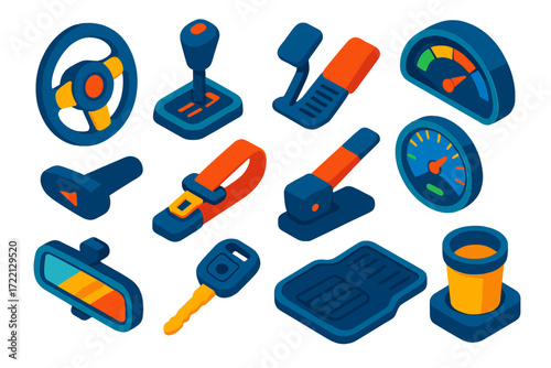 Vehicle Interface Icons. Isometric vector illustration set Vehicle Driving Icons: steering wheel, gearshift, pedal, dashboard,